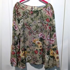 Adrianna  XL Floral Sheer Blouse - Bell Sleeves